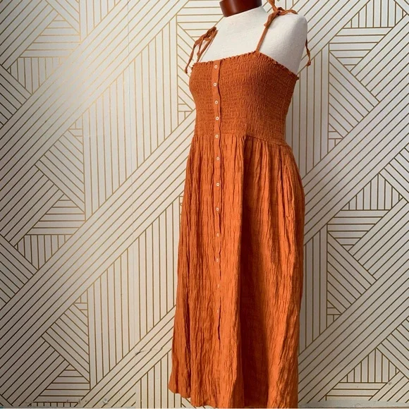 Aerie NWT Smocked Button front up Midi Dress crinkled cinched bow shoulder strap - Picture 2 of 9